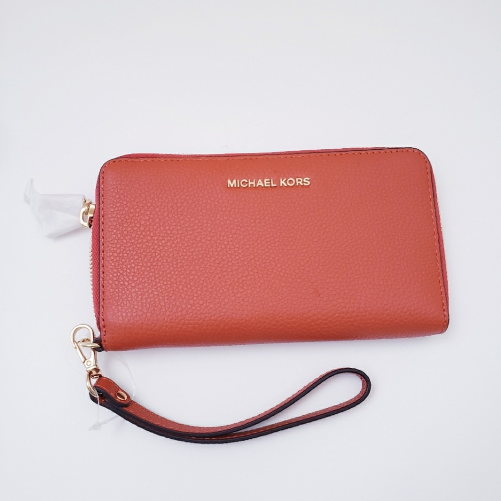 Michael Kors Mercer Orange Leather Wristlet Wallet
